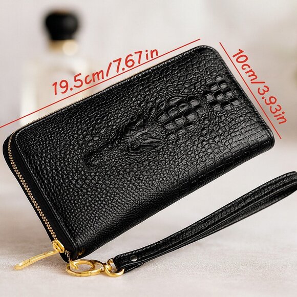 Raised Crocodile Embossed Leather Zipper Wallet Clutch Wristlet Card Holder - Picture 3 of 4